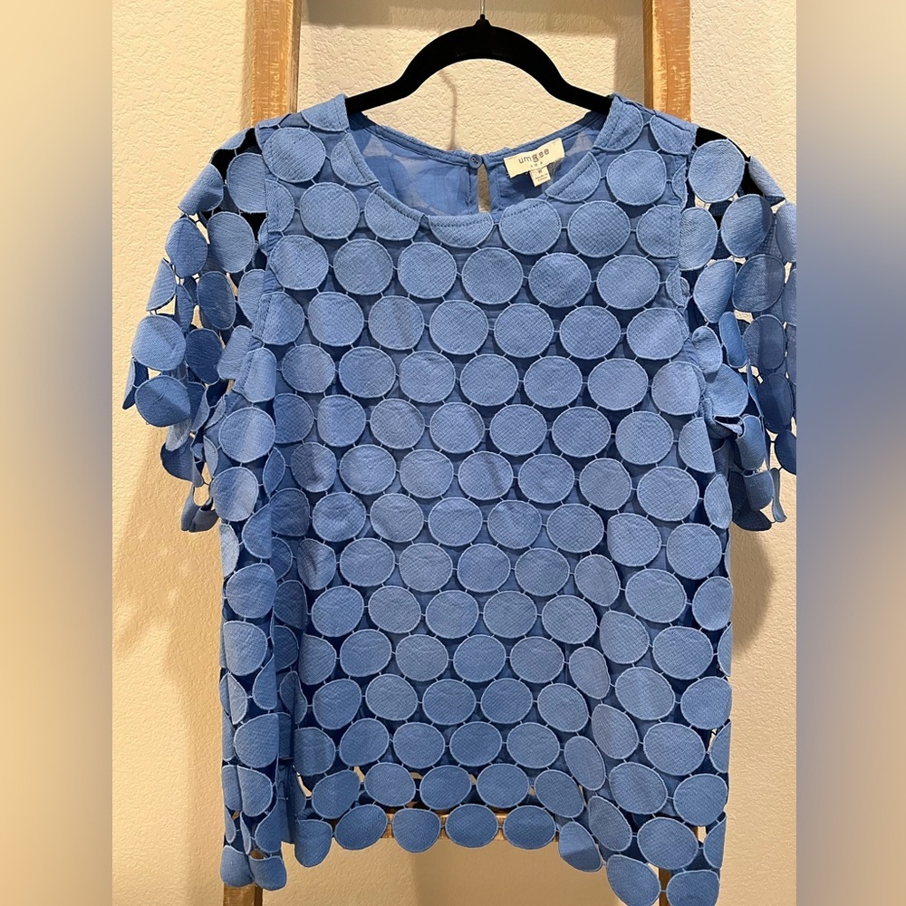 Umgee Blue Boxy Cut Out Blouse Short Sleeve